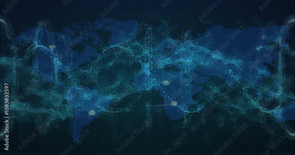Poster starting with world map, glowing nodes emerging and connecting as waves pulsing to show data flow