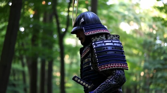 Samurai Warrior Walks Through Forest:  Ancient Armor, Serene Nature, Epic Shot