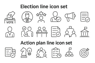 Election and Action Plan line icon set. Contains voting, president, candidate, campaign, political debate, government, strategy, business goal, and management symbols.