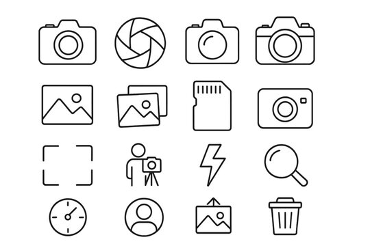 Photography and camera line icon set. Photo and video outline symbols collection. Simple vector pictograms for web and mobile. Includes camera, lens, flash, gallery, memory card.