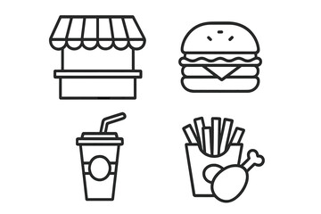 Fast Food Line Icons Set – Burger, Fries, Drink, Food Court Stand – Outline Vector Collection for Quick Meals, Restaurant, Takeout, Snack Bar, Street Food, Minimalist Infographic