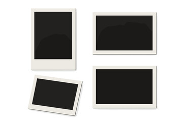 Set of realistic photo frames with shadow. Empty instant picture mockup template. Blank retro photo card for photography, collage, or scrapbooking. Vector illustration.