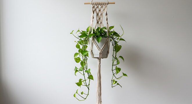 Macrame Hanging Planter with Pothos: A vibrant pothos plant thrives in a charming macrame hanging planter, adding a touch of bohemian elegance to any indoor space.