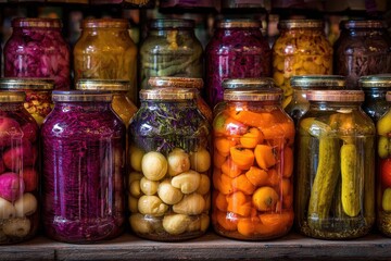 Assorted jars filled with vibrant pickled vegetables displayed in a rustic market showcasing local preservation traditions