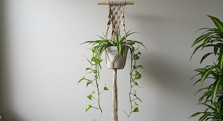 Greenery Elegance: A spider plant, elegantly suspended in a hand-knotted macrame planter, dangles its verdant tendrils in a home setting.