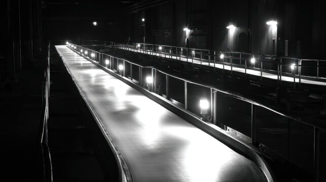Industrial conveyor belts in a dark factory