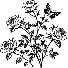 Black and white illustration of a rose bush with a butterfly isolated on white background