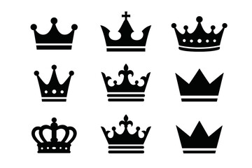 Royal Crown Icon Set Collection – Black Silhouette Vector Crowns, King and Queen Symbols, Elegant Monochrome Royalty Emblems, Modern and Classic Crown Designs, Transparent PNG Elements