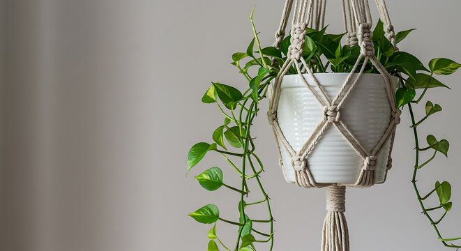 Macrame plant hanger with devil's ivy: A thriving devil's ivy in a white ceramic pot is elegantly suspended by a handcrafted macrame plant hanger.