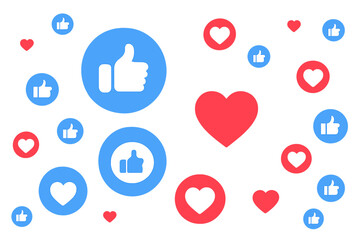 Social Media Like and Love Reaction Icons Background. Facebook Thumbs Up and Heart Buttons Pattern. Vector Illustration for Marketing, Advertisement, Promotion, Engagement, Transparent PNG Design