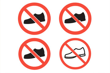 No Shoes Allowed Icon Set. Prohibited Footwear Symbol Collection. Remove Shoes Warning Sign. Red Circle Ban Icon. No Entry Footwear Prohibition. Vector Illustration for Safety, Rules, and Regulations.