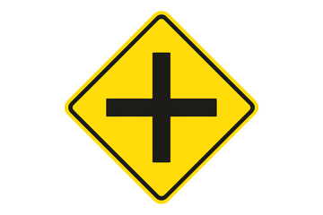 Fototapeta premium Intersection Road Warning Sign, Black Cross Symbol, Yellow Diamond Shape, Traffic Safety, Vector Illustration, Transparent Background, Caution Signage, Emergency Vehicle Lane Alert