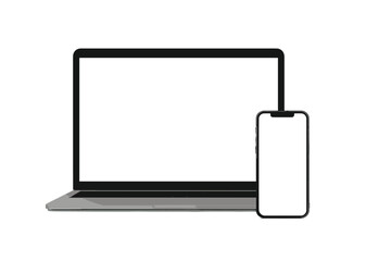 Modern laptop computer and smartphone with blank screens, digital device mockup for UI UX app website design, responsive tech gadgets with empty displays, transparent background