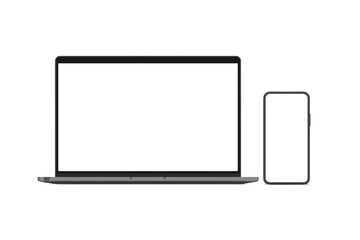 Modern Laptop Computer and Smartphone Device Mockup with Blank Screens for UI, UX, App, Website Presentation, Isolated on White, Digital Technology Concept, Minimalist Electronic Gadgets