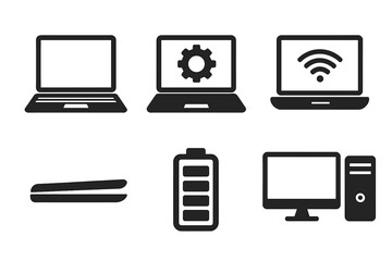 Modern Laptop and Desktop Computer Icon Set. Technology Devices Collection. Wireless Internet, Battery, Settings, Thin Ultrabook, PC Tower, Monitor. Black Silhouette Vector Illustration.