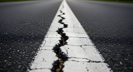 The cracked white line dividing a paved road provides a striking visual texture and pattern in the asphalt surface