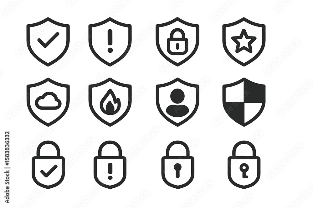Poster security icon set with shield and lock symbols. vector line art for web and app design. concepts of 