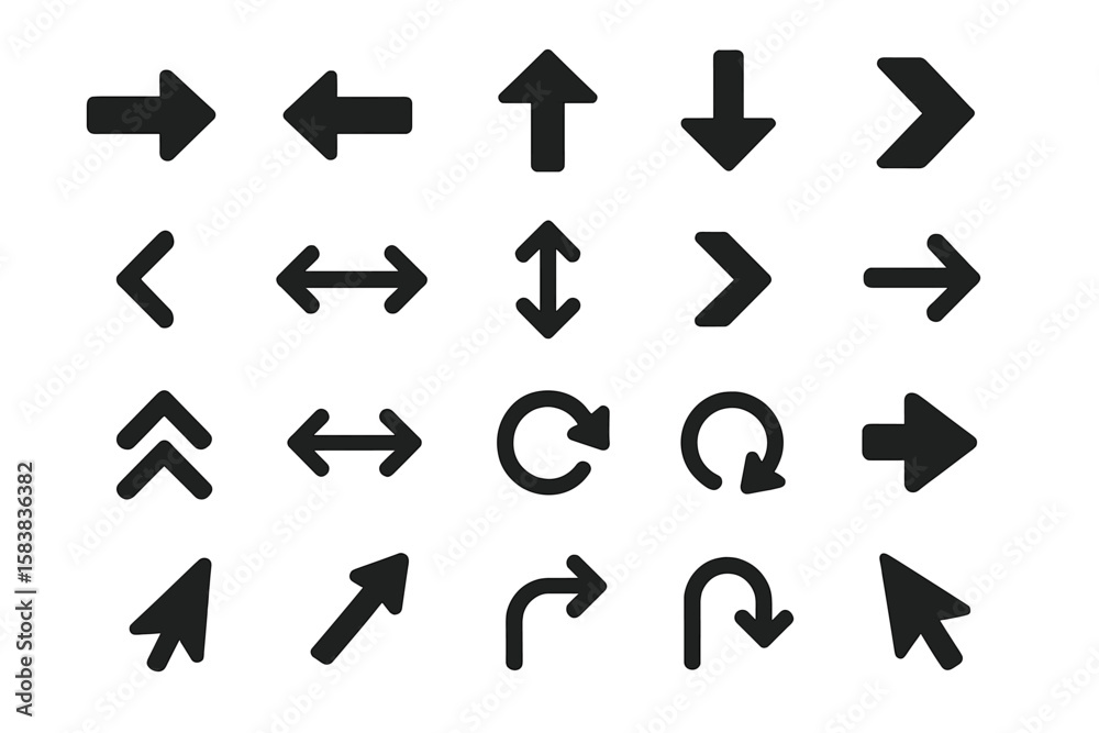 Poster arrow icon set collection. black direction and navigation symbols. cursors, refresh, next, previous,