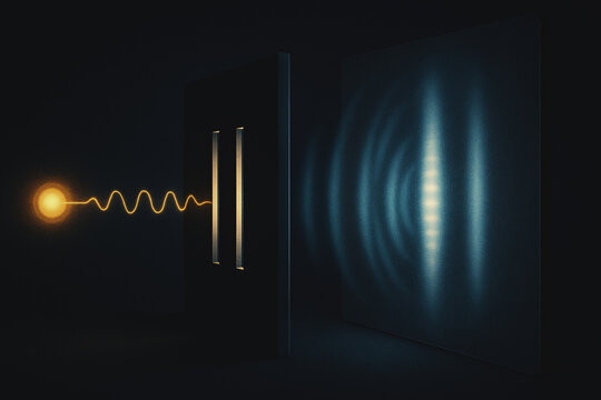 A scientific visualization double slit experiment concept background. Light wave properties.