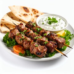 Delicious grilled meat skewers with tzatziki sauce and pita bread presentation on white background