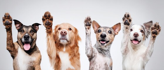 The joyful group of dogs raising their paws in harmony and excitement