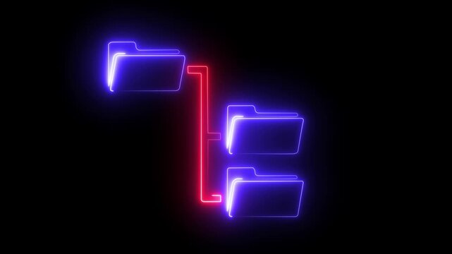 Neon Folder tree line icon on black background Computer network file folder organization structure flowchart. glowing neon page file animation icon. 4K Video motion graphic animation.