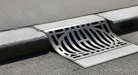 Street Drain with Decorative Metal Grate and Asphalt Road Surface Close-up view