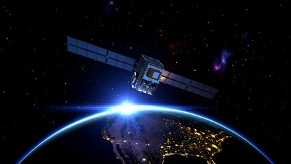 Orbital Eye High-Tech Satellite Observing Earth from Space - a Futuristic View offering insights into planet monitoring and technological advancements for  communication.