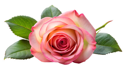 Fototapeta premium A delicate pink rose with green leaves, isolated on a transparent background
