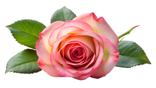 A delicate pink rose with green leaves, isolated on a transparent background