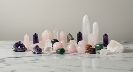 Crystals Composition: A serene assembly of sparkling crystals, showcasing the variety of shapes, colors, and forms, arranged on a marbled surface.