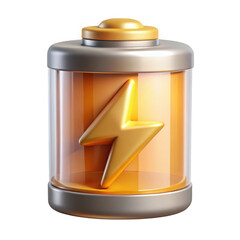 Shiny golden lightning bolt inside a clear battery icon isolated on transparent background