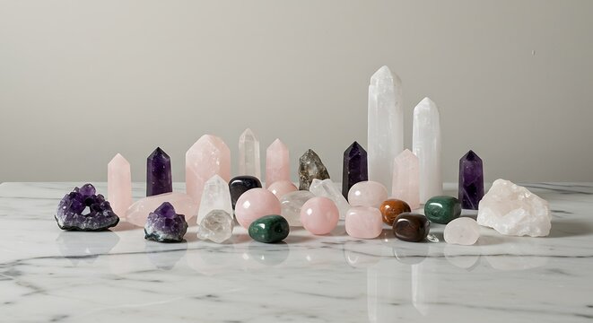 Crystals Composition: A serene assembly of sparkling crystals, showcasing the variety of shapes, colors, and forms, arranged on a marbled surface.