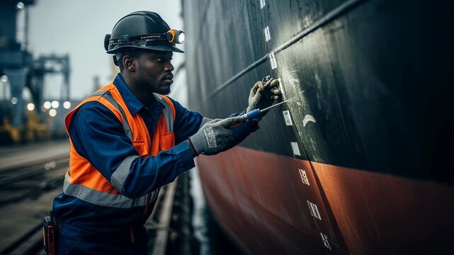 Marine inspector wearing a headlamp and safety vest conducts an ultrasonic thickness measurement on a ship's hull to assess corrosion levels and ensure structural integrity in a shipyard