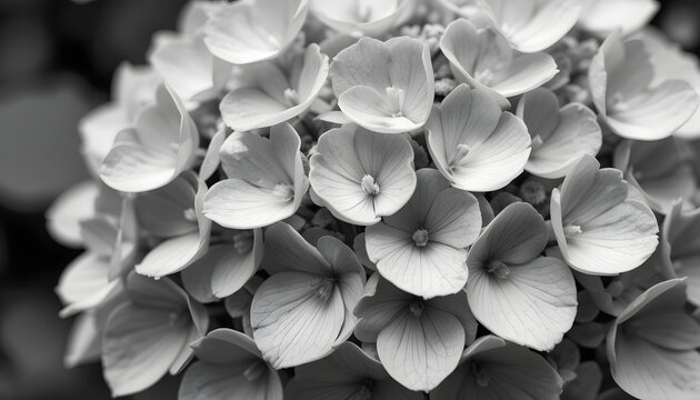 "Black and White Hydrangea Blossoms in Close-Up with Textured Petals" (Balances subject clarity, artistic tone, and visual richness for broad appeal)