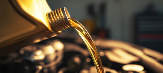 The mechanic pouring oil into an engine for vehicle maintenance.
