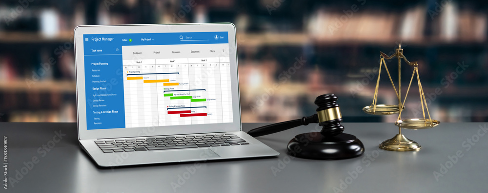 Poster project planning software for brisk business project management on the computer screen showing timel