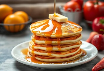 Fluffy stack of pancakes, syrup drizzled, butter melting,  drawing,   drawing