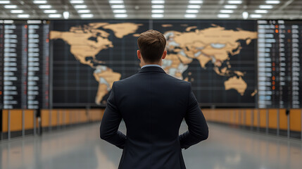 Contemplative professional gazes at a global display, surrounded by bustling data. Strategic decisions in a connected world.