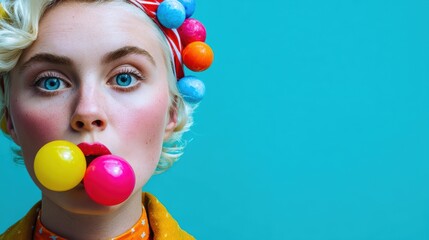 Young caucasian female with colorful candy and playful makeup against blue background