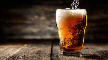 Refreshing pour of draft beer in a pint glass on rustic wooden table