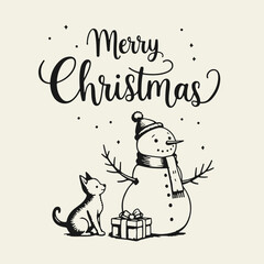 Black and white flat vector illustration of a snowman in a hat and scarf with a gift and "Merry Christmas" lettering. Festive holiday design with cheerful winter mood.