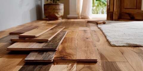 Hardwood flooring installation with sunlight and plant in modern entryway