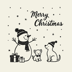Black and white flat vector illustration of a snowman in a hat and scarf with a gift and "Merry Christmas" lettering. Festive holiday design with cheerful winter mood.