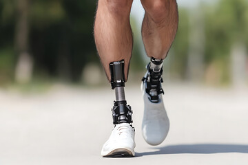 Adaptive running: Prosthetic legs in motion. Embracing fitness and mobility through advanced technology, defying limits with every stride.