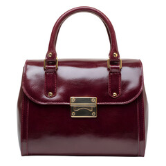 Elegant burgundy leather handbag with gold hardware isolated on transparent background