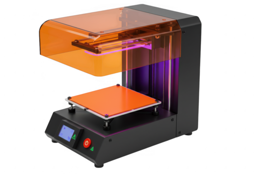 Modern 3d resin printer with orange cover and build platform isolated on white background