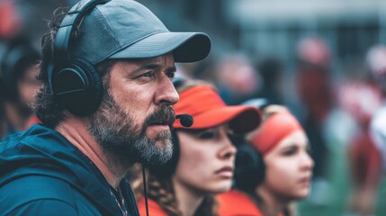 Focused male coach and team on sidelines at sporting event
