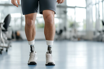 Athlete with prosthetic legs standing confidently in a gym. Focus on fitness and technology. Embracing challenges and living an active lifestyle.