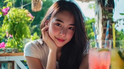 Smiling young asian female enjoying refreshing drink in sunlit garden setting